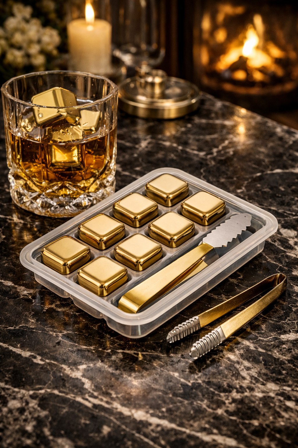 Set ritual de loto azul junto al fuego, hielo y oro