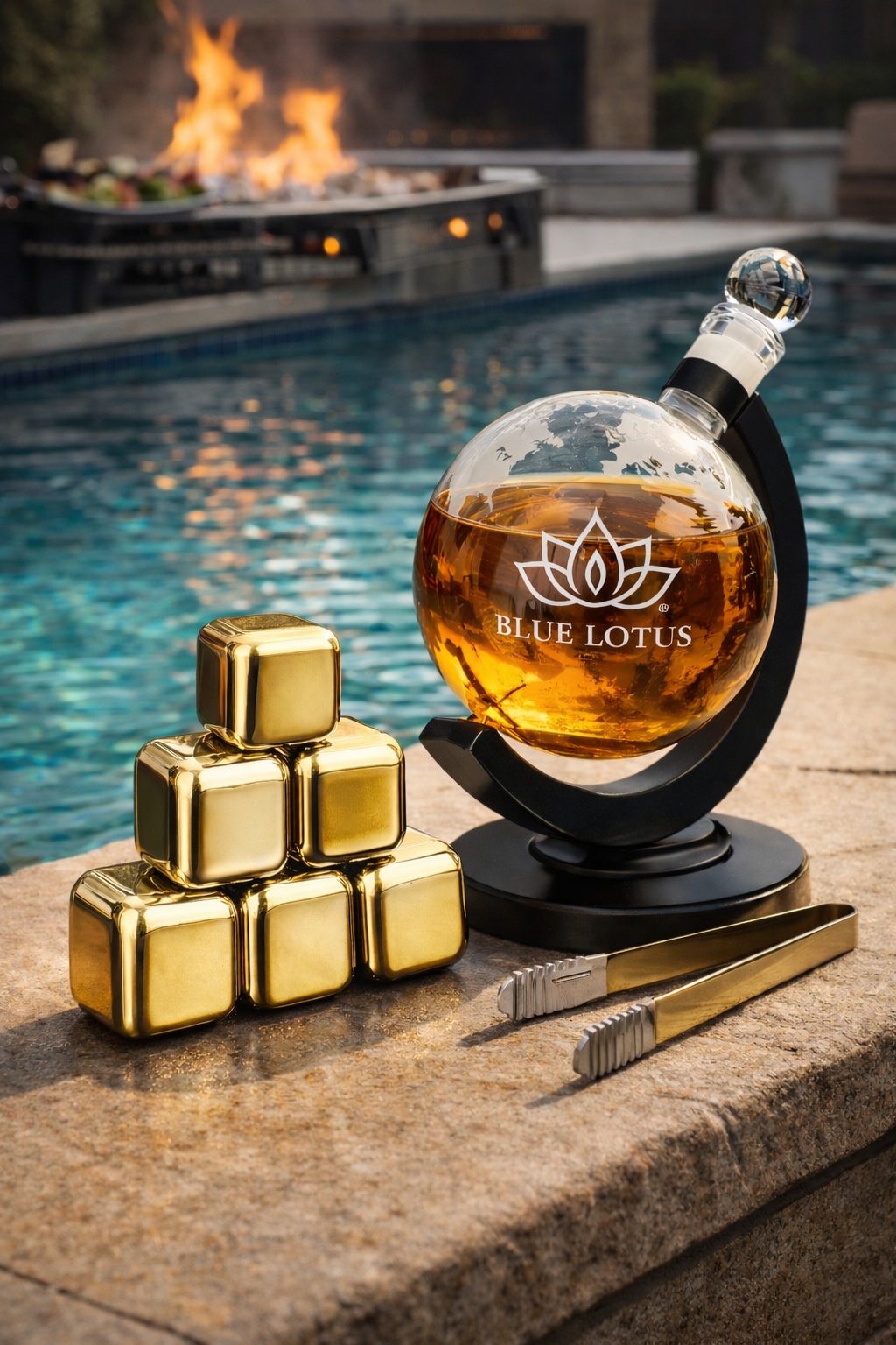 Set ritual de loto azul junto al fuego, hielo y oro